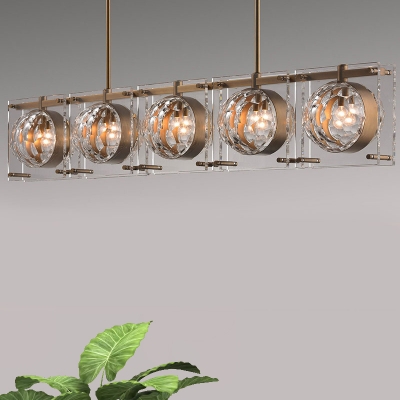 Beveled Crystal Globe Island Lighting Contemporary 5 Bulbs Dining Room Pendant Lamp Fixture in Brass
