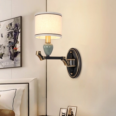 Black 1/2-Light Wall Sconce Farmhouse Beige Fabric Drum Wall Lamp Fixture for Bedside