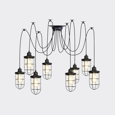 Black 2/3/6 Heads Multi Light Pendant Antiqued Clear Glass Wire Cage Swag Hanging Ceiling Lamp