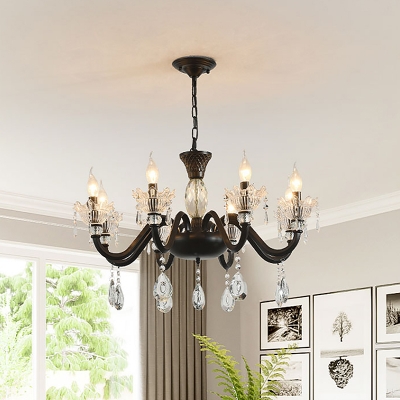 Black 6/8-Light Hanging Chandelier Vintage Crystal Candelabrum Pendant Light Fixture for Dining Room