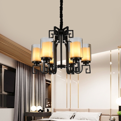 Black 6-Bulb Ceiling Chandelier Traditional Style Clear Glass Cylinder Hanging Pendant with Curvy Arm