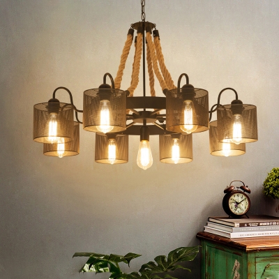 Black 9/13 Bulbs Pendant Chandelier Farmhouse Metal Cylinder Hanging Ceiling Light with Wheel and Rope Rod