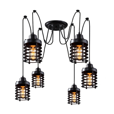 Black Cylinder Cage Multiple Hanging Light Industrial Metal 6 Bulbs Living Room Swag Pendulum Lamp