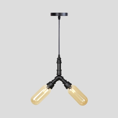 Black Finish 2 Heads Chandelier Light Vintage Amber Glass Sphere/Capsule LED Hanging Pendant Lamp