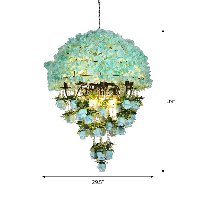 Blue 10 Lights Hanging Chandelier Retro Iron Dome Wire Cage Suspension Lamp with Crystal Drop