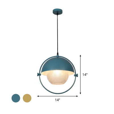 Blue/Gold Finish Semicircle Pendulum Light Modern 1 Light Metal Ceiling Hang Fixture with Orb Clear Latticed Glass Shade and Ring