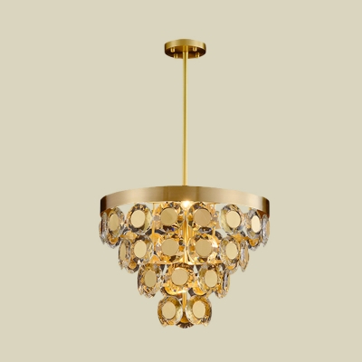Brass Conical Chandelier Light Fixture Modernist 5-Head Crystal Block Hanging Ceiling Lamp