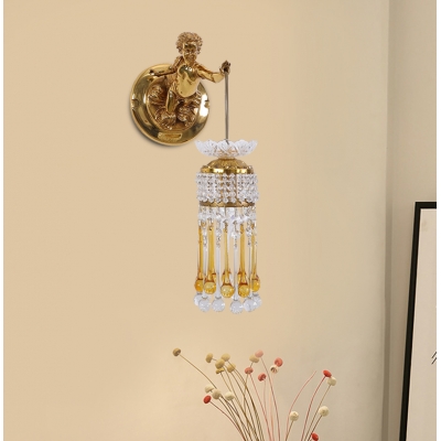 

Brass Teardrop Sconce Light Fixture Traditional Crystal 1-Light Living Room Wall Lamp with Boy Backplate, HL615803
