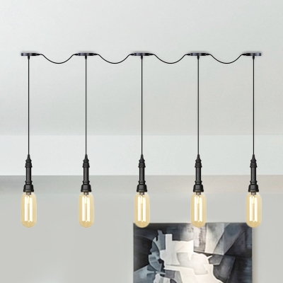 Capsule Amber Glass LED Multi Ceiling Light Vintage 3/5/7-Light Restaurant Tandem Pendant Lamp Fixture in Black