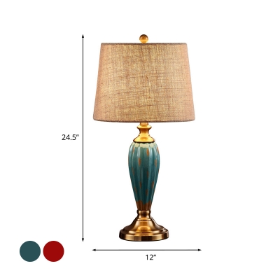 Ceramic Red/Blue Table Lamp Waterdrop Shape 1 Bulb Parlor Night Light with Tapered Fabric Lamp Shade