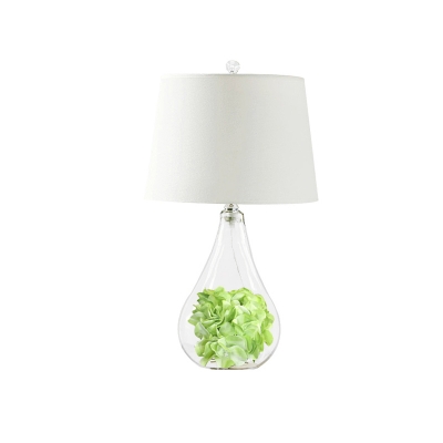 Clear Glass Teardrop Table Lamp Rural 1 Head Bedroom Nightstand Light with Fabric Shade and Green Fake Flower