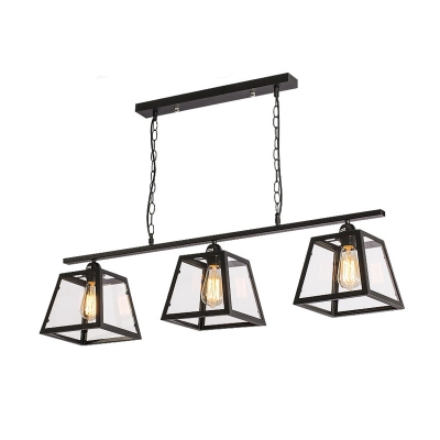 Clear Glass Trapezoid Island Lamp Lodge 3 Heads Dining Room Ceiling Pendant in Black