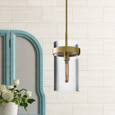 Clear Glass Tubular Pendant Lamp Simplicity Single Suspended Lighting Fixture with Brass Band