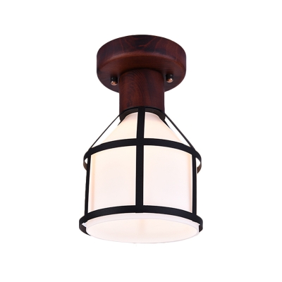 Cream Glass Brown Flush Ceiling Light Tapered 1 Light Traditional Flushmount Lighting with Cage
