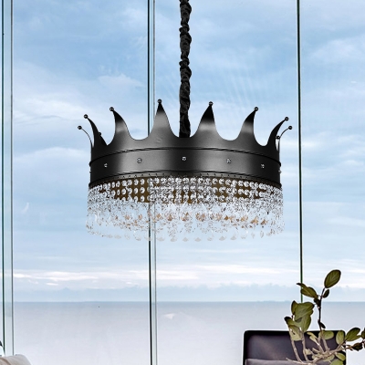 Crown Shaped Chandelier Pendant Light Kids Metal 4/5/6-Light Black Finish Suspension Lamp with Crystal Drop