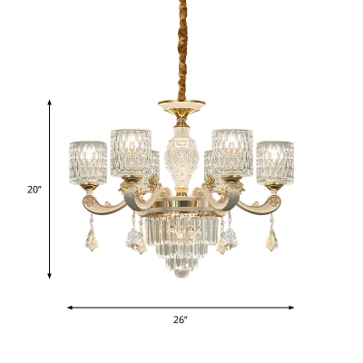 Crystal Cylindrical Hanging Chandelier Modernist 6/8 Lights Dining Room Ceiling Pendant Lamp in Gold