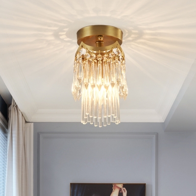 Crystal Drop 2 Tiers Semi Mount Lighting Modernist 1 Bulb Bedroom Ceiling Flush Light in Brass