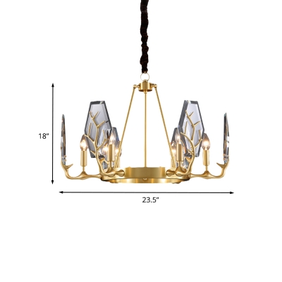 Crystal Panel Hanging Chandelier Modernist 6/8 Bulbs Brass Finish Pendant Lighting with Antler Arm