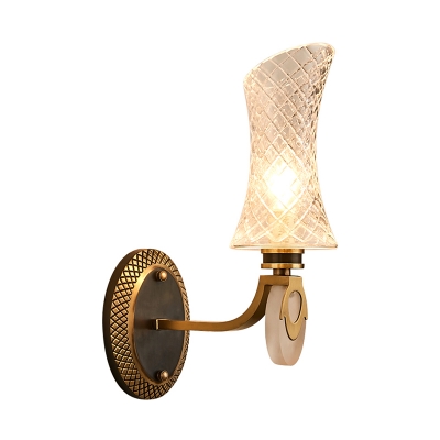 Curvaceous Clear Lattice Glass Wall Lamp Vintage 1/2-Light Living Room Sconce in Brass