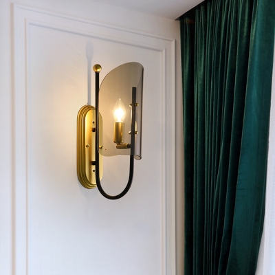 Curved Shield Smoke Grey Glass Sconce Mid Century 1-Light Black and Brass Wall Mounted Lamp with Swooping Arm