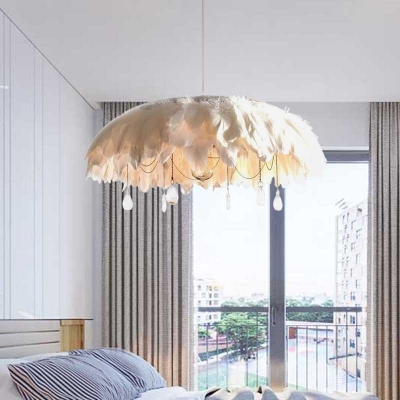 Fabric Round Feather Ceiling Light Contemporary 1 Bulb Hanging Pendant Lamp in White with Crystal Droplet