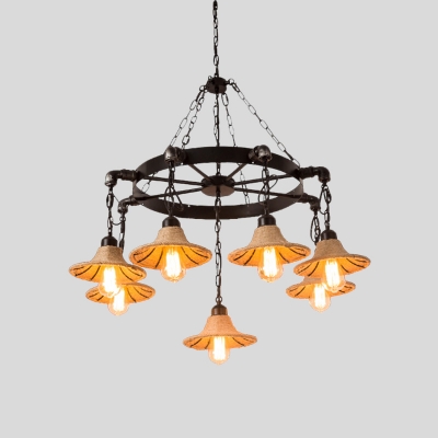 Flared Dining Room Chandelier Lamp Factory Rope 7/9 Lights Beige Ceiling Fixture with Metal Wheel Deco