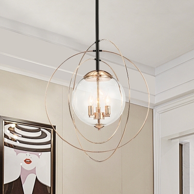 Globe Dining Room Chandelier Modern 3 Lights Clear Glass Hanging Light Kit with Interlocking Ring Guard in Gold