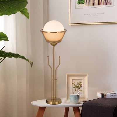 Globe White Glass Nightstand Light Post Modern 1 Light Brass Finish Night Table Lamp with Trident Base