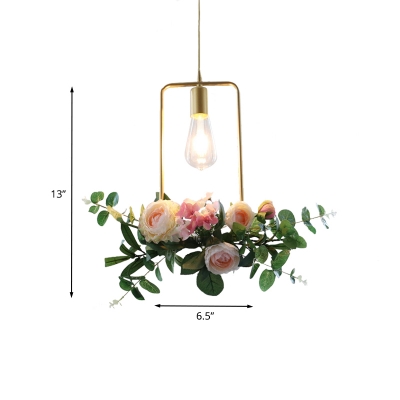 Gold 1 Head Pendulum Light Farmhouse Metal Round/Square/Rectangle Frame Hanging Pendant with Pink Artificial Rose Decor