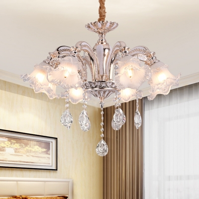 Gold Curved Arm Hanging Lighting Traditional Crystal 3/6-Light Dining Room Chandelier with Flower Frosted Glass Shade