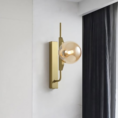 Gold Right Angle Arm Wall Sconce Designer Single Metal Wall Light Kit with Orb Amber/White/Smoke Glass Shade