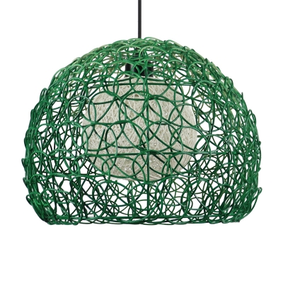 Green Dome Cage Pendant Lighting Asian 1 Bulb Rattan Woven Hanging Light Fixture over Table