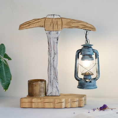 Grey Kerosene Desk Lamp Factory Style Clear Glass 1 Head Bedroom Table Lighting with Wood Tool Design