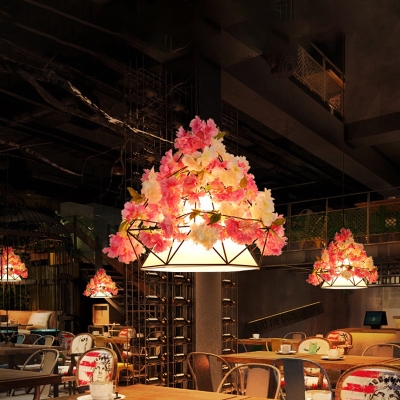 Industrial Diamond Cage Drop Lamp 1-Bulb Iron Flower Pendant Light in Pink/Green with Fabric Shade