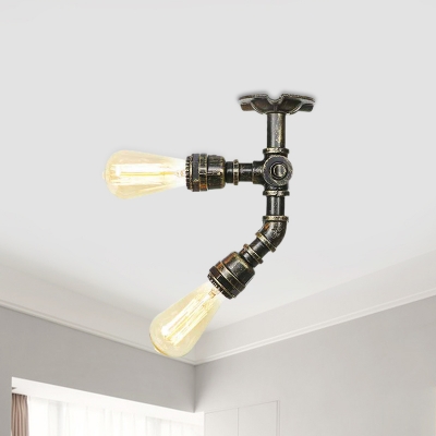 Industrial Water Pipe Semi Flush Ceiling Light 2 Bulbs Iron Flush Mounted Lamp in Bronze