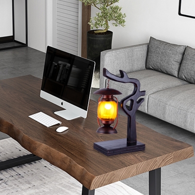 Kerosene Living Room Desk Light Vintage Style Yellow Glass 1 Light Copper Finish Table Lamp with Wood Tree Design