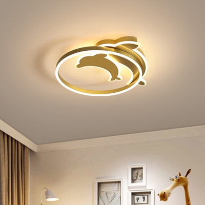 Kids LED Flush Mount Light Fixture Gold/Coffee Finish Dolphin Ceiling Lighting with Acrylic Shade