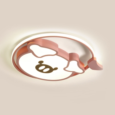 Lovely Pig Flush Mount Ceiling Light Cartoon Acrylic Pink/Gold LED Lighting Fixture with Ring for Bedroom