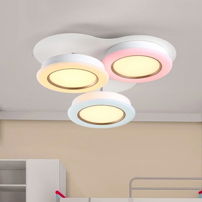 Macaron Round Flush Mount Acrylic 3 Heads Kids Bedroom LED Flush Ceiling Light in White-Pink-Yellow, Warm/White Light