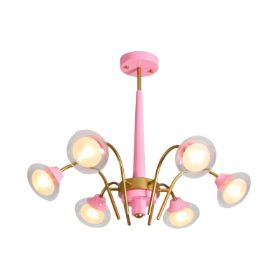 Metal Curved Arm Ceiling Chandelier Macaron 6 Heads Pink/Blue and Gold LED Hanging Pendant