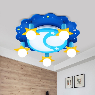 Metal Star Flushmount Lighting Cartoon 5-Light Blue Finish LED Flush Ceiling Lamp with Moon Pattern