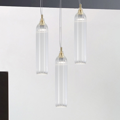 Minimalist Tube Pendant Light Clear/Light-Grey Ribbed Glass 1 Head Dining Room Suspension Lamp
