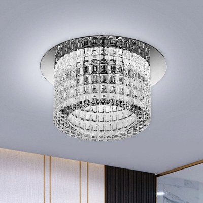 Modernist Cylinder Ceiling Lighting Clear Crystal LED Flush Light Fixture in Warm/White Light