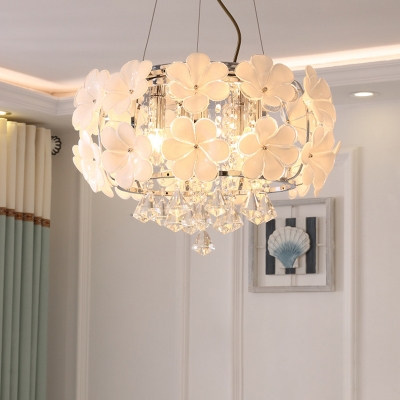 Modernist Flower Drum Chandelier 5/8-Light White Glass Pendant Lamp with Diamond Crystal Drop, 18