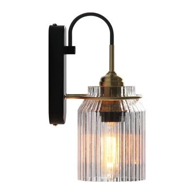 Mug Shaped Bedside Wall Light Retro Ribbed Glass 1 Bulb Black Sconce Lighting with Arched Arm