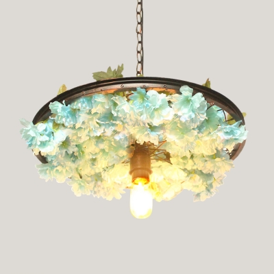 Pink/Blue Flower Suspension Lamp Factory Iron 1 Light Living Room Ceiling Hang Fixture with Wheel Design, 8.5