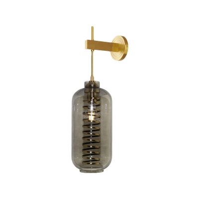 Postmodern Oblong Smoke Glass Wall Lamp 1 Bulb Sconce Lighting Fixture in Brass with Coiled Metal Guard Inside