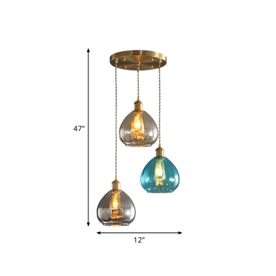 Retro Raindrop Stained Glass Drop Pendant 3 Bulbs Multiple Hanging Light in Brass with Round/Linear Canopy