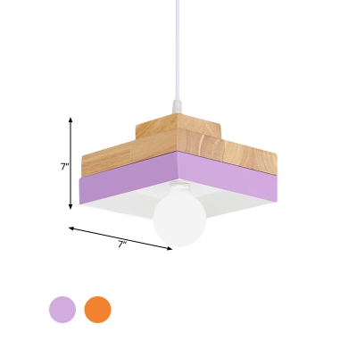 Round/Square Drop Pendant Light Modernist Iron 1-Bulb Yellow/Orange/Purple and Wood Hanging Lamp Kit for Living Room