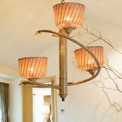 Rural Tree Branch Pendant Chandelier Bamboo 3-Light Dining Room Hanging Light with Beige Cup Shade